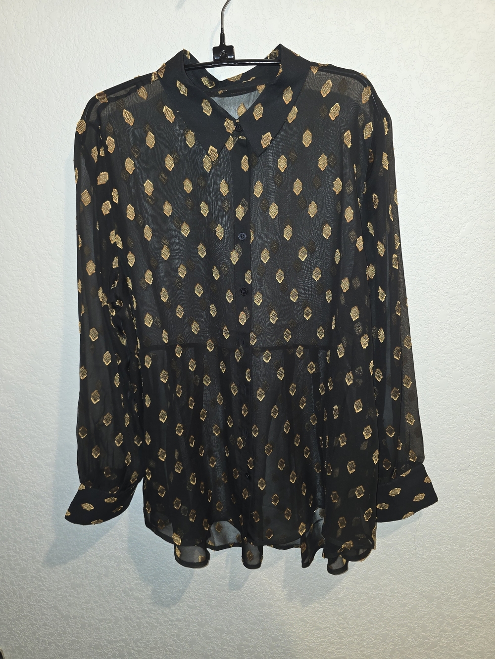 Black & Gold Metallic Geometric Diamond Sheer Peplum Blouse - Size Large